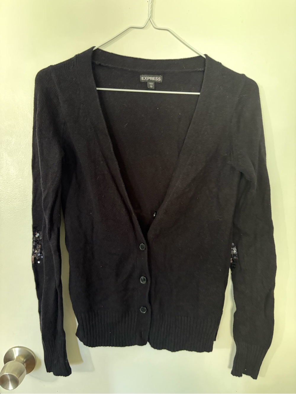 Women’s Express XS Black Button-Down Cardigan Sequence Patched Elbows Tote12